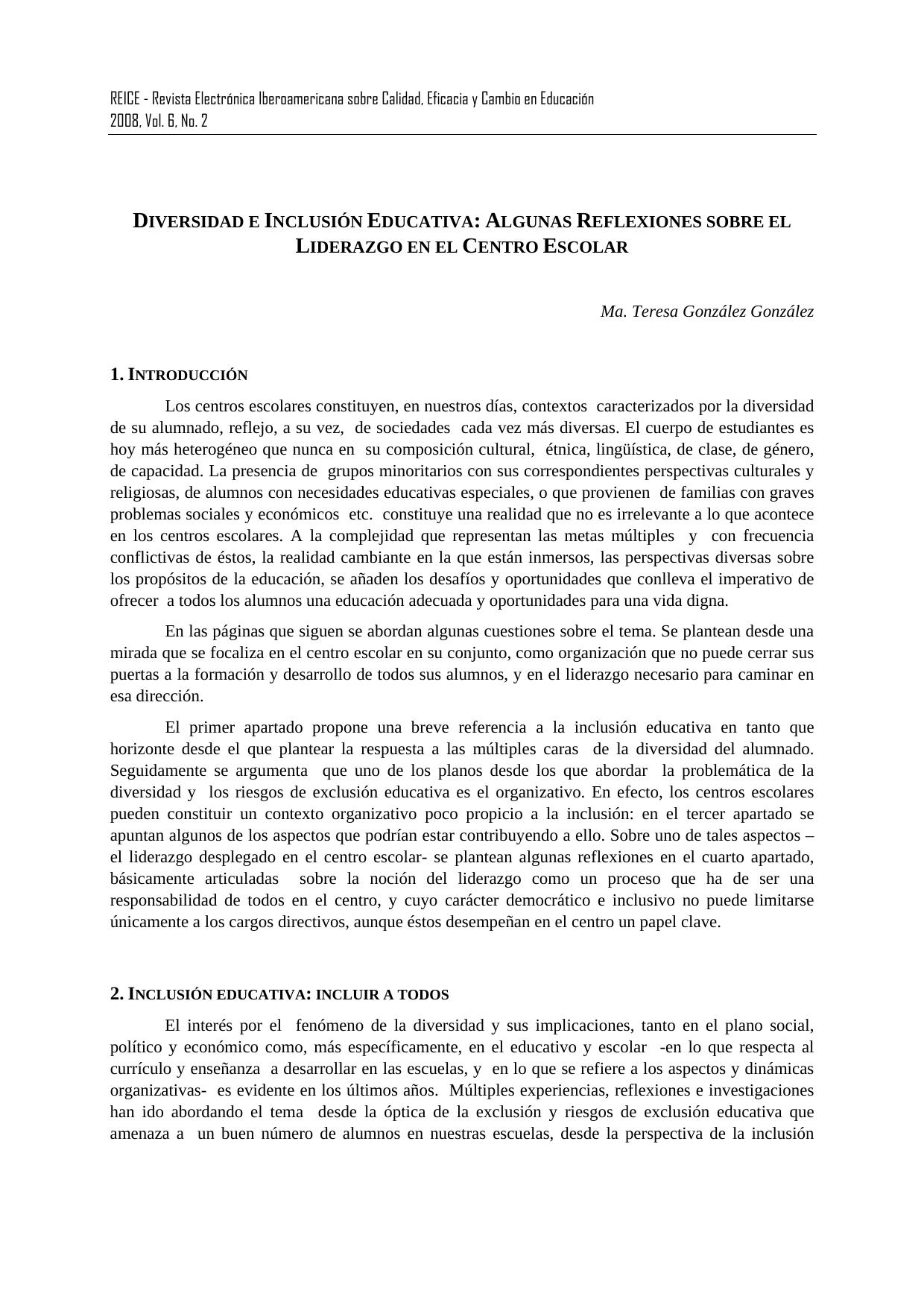 Diversidad e inclusion educativa: Algunas relfexiones sobre el liderazgo en el centro escolar